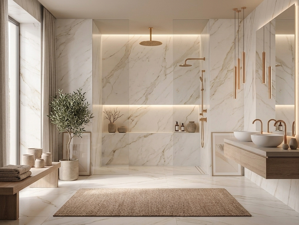 Complete badkamerrenovatie met marmeren tegels en inloopdouche