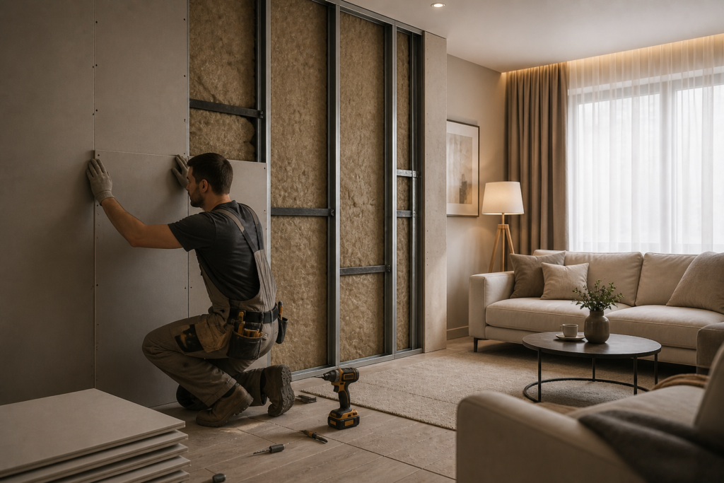 Vakman plaatst geluidsisolatie voorzetwand in appartement Amsterdam