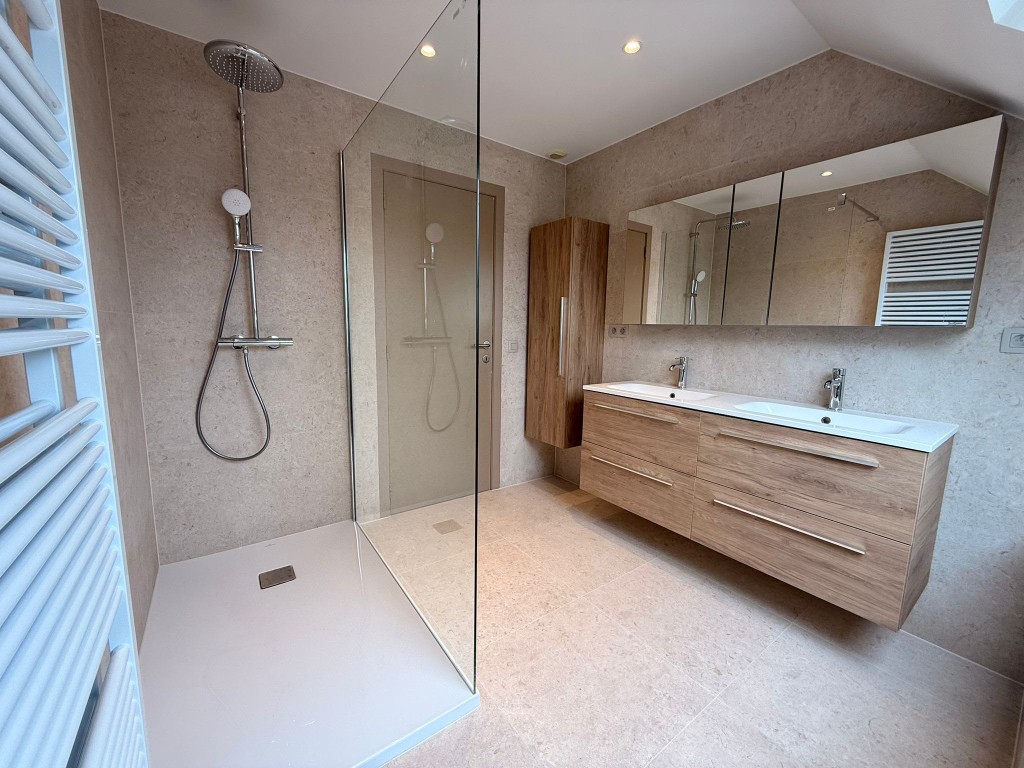 Modern Comfort package bathroom with walk-in shower